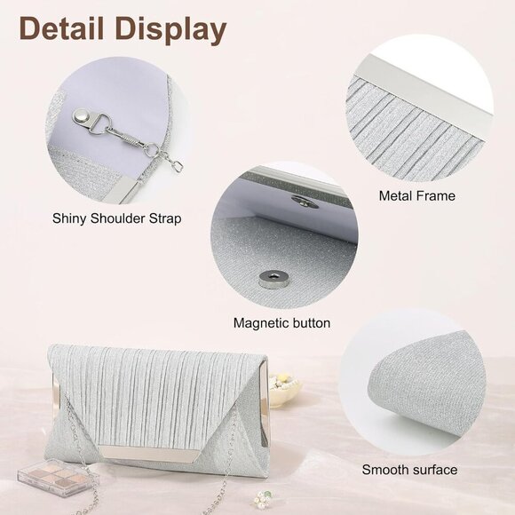 🆕Women Silver Polyester Evening Bag Clutch Crossbody Shoulder  Wedding Party - Picture 3 of 7